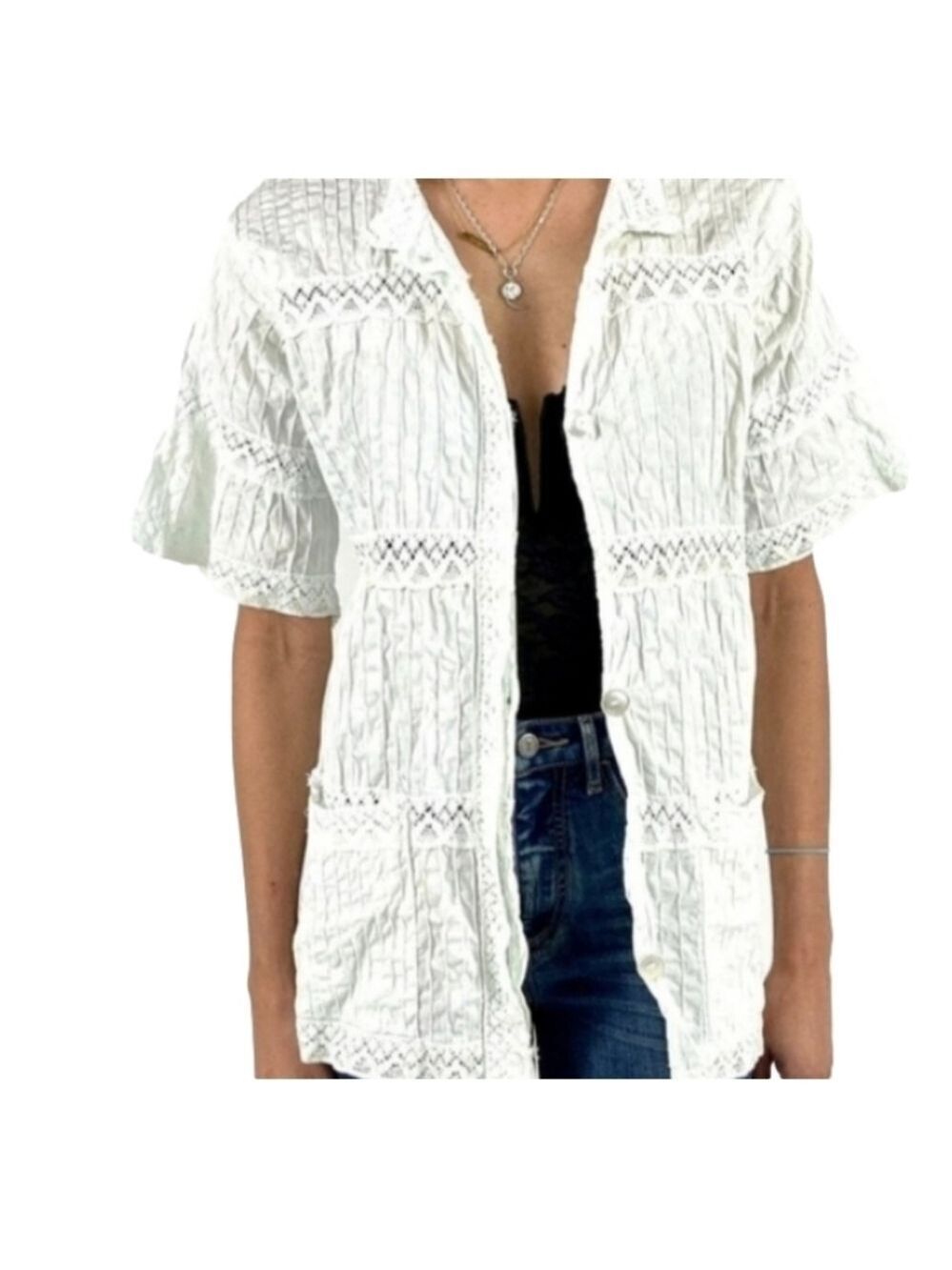 White Cotton Pintuck Tunic Lace Cottagecore Grandmacore One Size